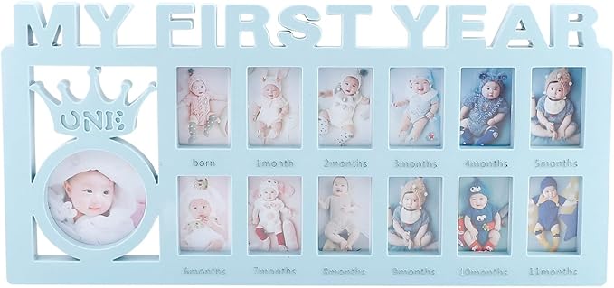 ESTAMICO Baby Picture Frames My Frist Year Photo Keepsake for Baby 1-12 Months Memory, Blue