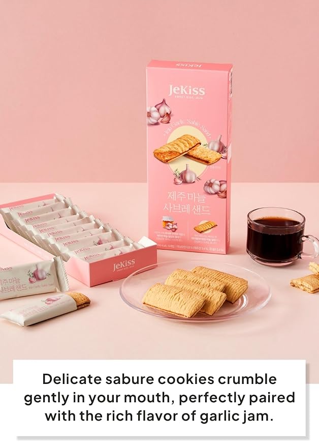 Korean Food JEKISS Jeju Garlic Sable Sand Cookies – Crunchy Butter Biscuit with Jeju Garlic Cream, 10 Individually Wrapped Pieces, Perfect for Gifting (180g)