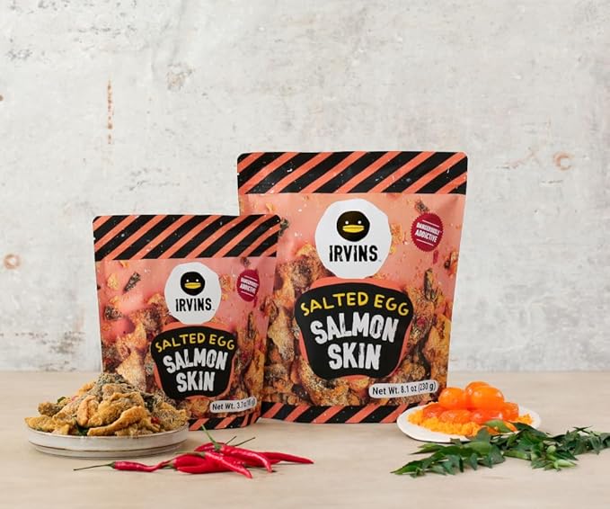 IRVINS Salted Egg Salmon Skin Chips Crisps | Premium Hand Cooked | Halal | High Protein | Keto-Friendly | 3.7 oz (Pack of 3)