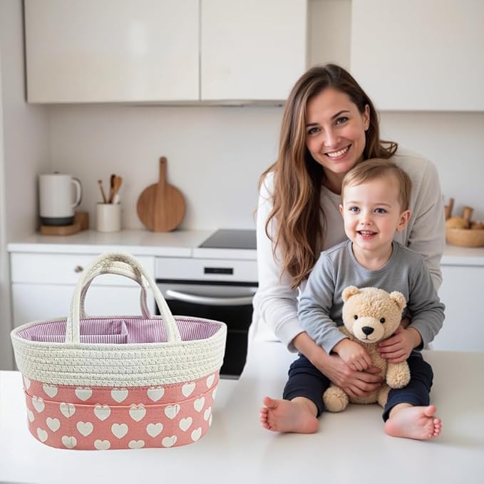 Pink Diaper Caddy Organizer for Baby Girl-Large Portable Diaper Caddy Basket for Changing Table-Diaper Organizer Caddy-Car Travel Tote Bag-Newborn Registry Baby Shower Basket for Diapers & Wipes