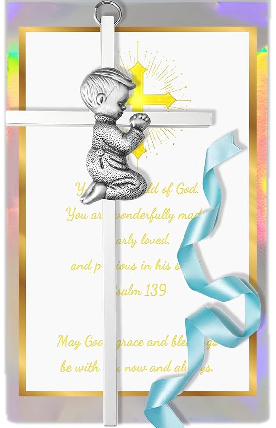 Baptism Gifts for Boys & Girls,First Communion Gifts for Kids,Christening Baby Shower Party 6in Praying Cross (1pc Silver Boy Only)