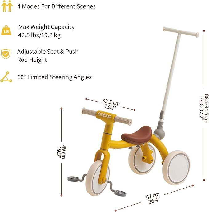 4-in-1 Toddler Tricycle with Adjustable Push Handle for 1-4 Year Old,Birthday Gift and Toy for Boys and Girls Removable Pedals Balance Bike&Scooter (Yellow)