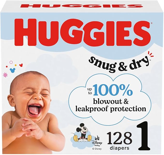 Huggies Size 1 Diapers, Snug & Dry Newborn Diapers, Size 1 (8-14 lbs), 128 Count, Packaging May Vary
