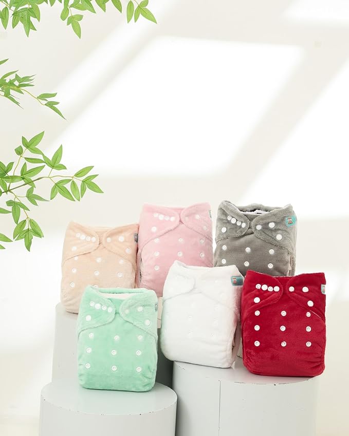 ALVABABY 6 Pack Baby Cloth Diapers Warm for Autumn and Winter with 6pcs 4-Layers Rayon from Bamboo Inserts,Cloth Diaper Covers Adjustable Washable Reusable for Baby Girls and Boys 6BMR02