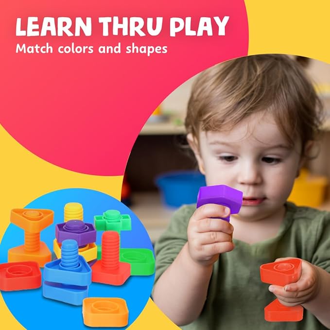 Skoolzy 12 Pc Jumbo Nuts and Bolts - Montessori Set for 18 Month+ Kids – Travel & Motor Skills Development