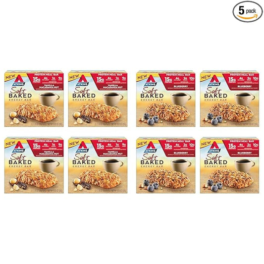 Atkins Soft Baked Energy Bars, Vanilla Macadamia Nut & Blueberry, 15g Protein, Low Sugar, Excellent Source of Fiber, Low Carb, 4 Packs (5 Bars Each)