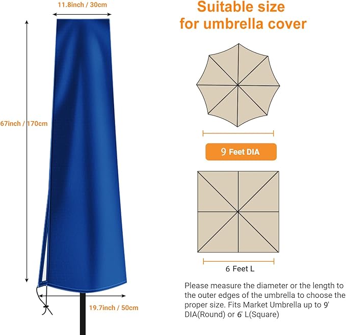 OKPOW Umbrella Covers for Outdoor Umbrellas - Small Patio Umbrella Cover for 6 ft to 9 ft Outdoor Table Umbrella - Waterproof Windproof Anti-UV Garden Parasol Covers, Blue
