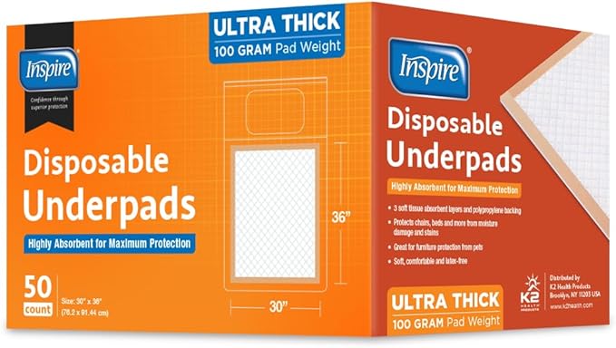 Inspire XL 30 x 36 Ultra 100 Grams Super Absorbent Bed Pads for Incontinence (50)