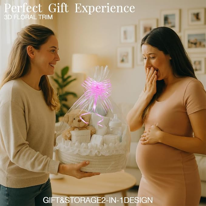 Yimi's Dream Cotton Rope Gift Basket – White Woven Gift Basket with Lace, Decorative Organizer for Baby Shower, Housewarming, Nursery, Toys, Socks, Diapers, Christmas, Holiday Gifts