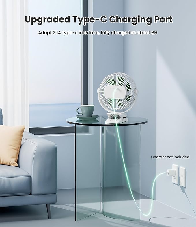 LEMOISTAR 10000 mAh Battery Operated Clip on Fan, 4 Powerful Wind Speeds, 8 Inch, Max 38 Hrs, Rechargeable, USB Powered Stroller Fans, Quiet, Portable Personal Fan for Camping Desk Golf Cart(White)