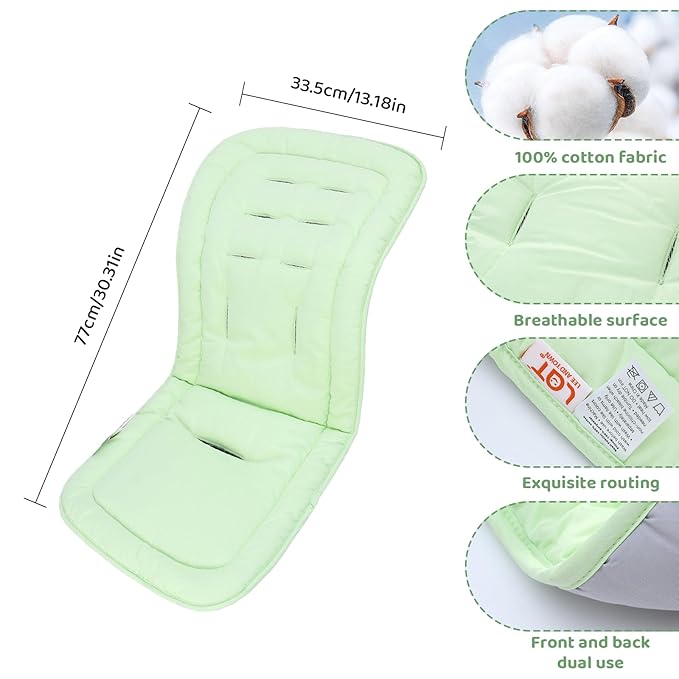 Baby Stroller Cushion,Infant Car Seat Insert-Reversible Universal Breathable and Soft Newborn Stroller Mat,100% Cotton Cover Toddler Seat Pad Liner-34x78cm,1 Pack(Gray+Neon Green)