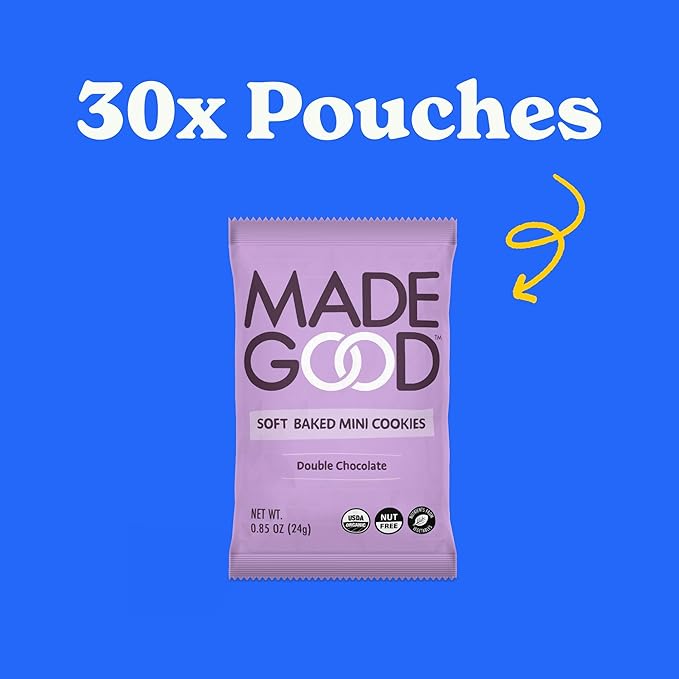 MadeGood Double Chocolate Soft Baked Mini Cookies (30 Count - 0.85 Oz Each) Allergy Friendly, Gluten Free and Organic Delicious Chocolate Snacks