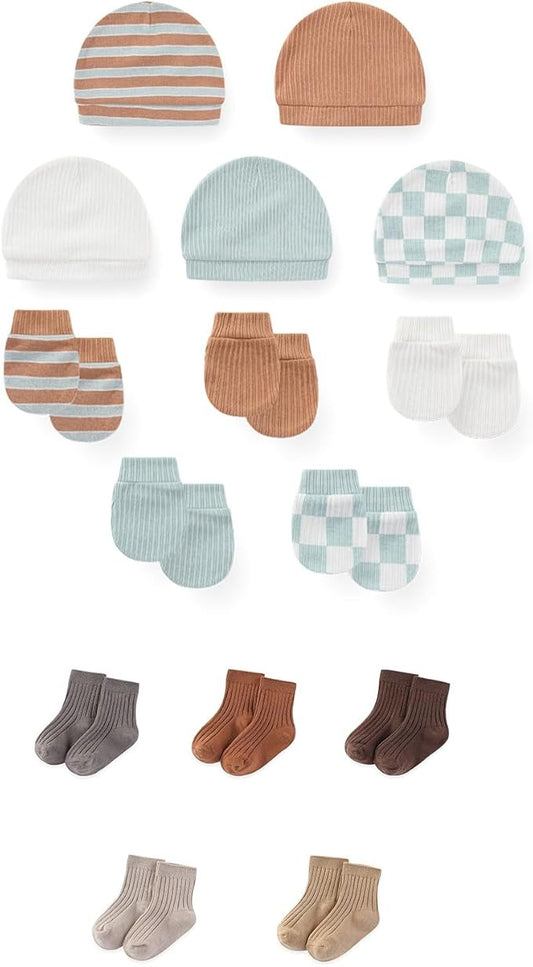 15 Pack Unisex New Born Boy Girls No Scratch Mittens Sets Cotton Soft Baby Gloves Hats socks Accessory 0-6 Months
