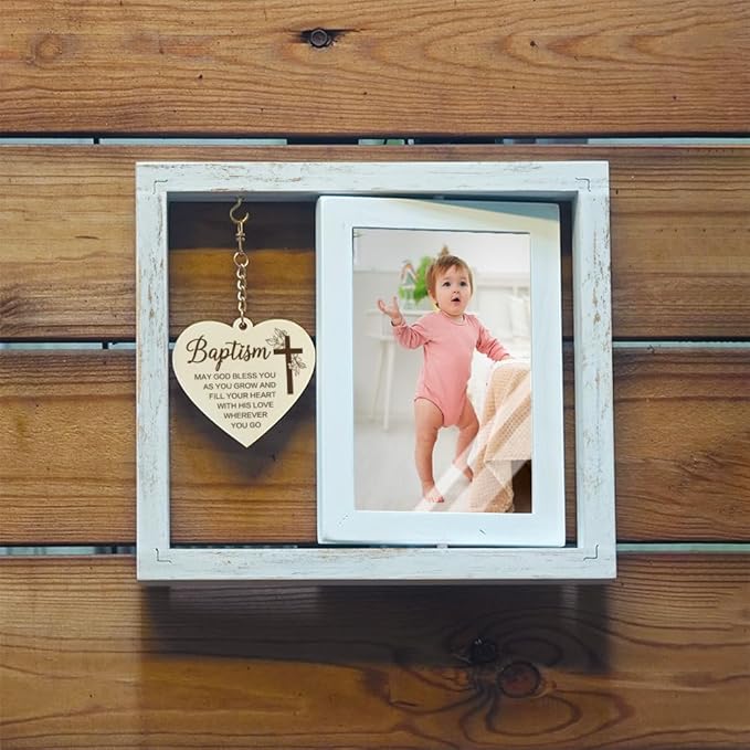 Rotating Floating Baby Blessings Baptism Picture Frame Gifts for Baby Girl Boy, Baby Baptism Christening Religious Frame Gift from Godparents Friends, Baby Shower Frame Gifts for New Baby with Card