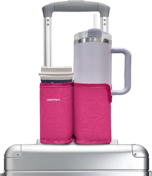 2 in 1 Luggage Cup Holder for Suitcase|Airplane Tray Table Carry on Hands Free Drink Carrier for Stanley Tumblers Coffee Beverage Organizer (Pink)