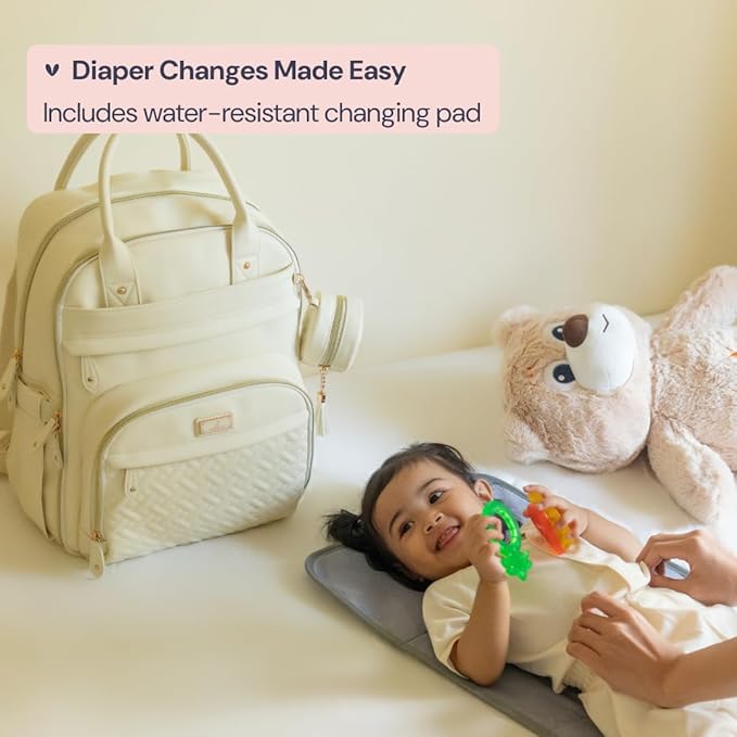 BabbleRoo Leather Diaper Bag Backpack - Baby Essentials Travel Baby Bag, Multi function, Water Resistant, with Changing Pad, Stroller Straps & Pacifier Case – Unisex, Eggshell White
