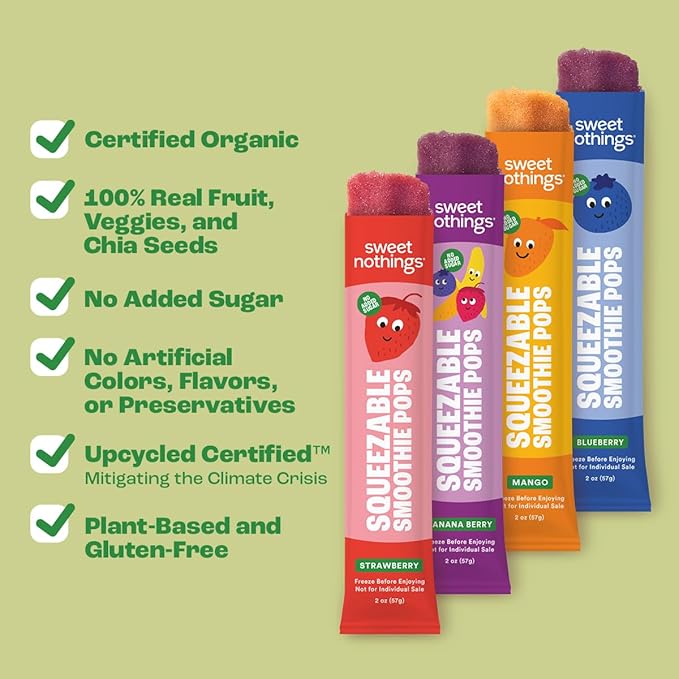 Sweet Nothings, Multi-Pack, USDA Organic Kids' Squeezable Super Fruit Smoothie, Value Pack of 24 - Dye-Free, No Added Sugar,Vegan, Healthy Organic Fruit and Veggie Pops, Freeze & Enjoy