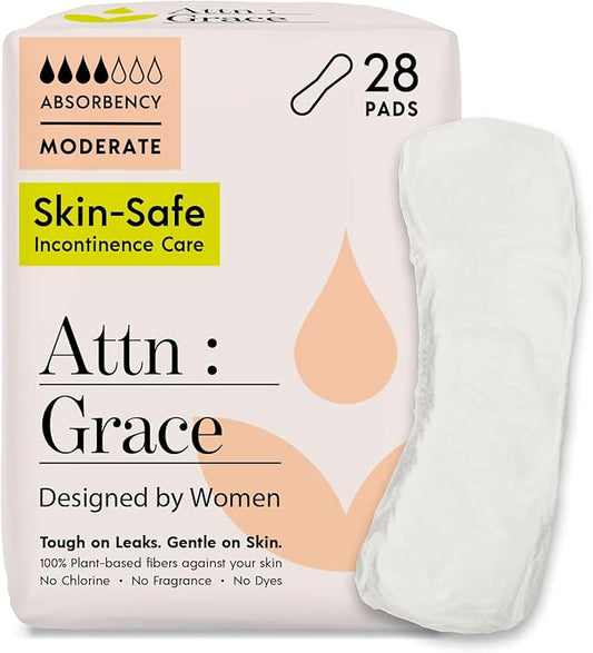 Attn: Grace Moderate Incontinence Pads for Women, 28-Pack - High Absorbency, Breathable, Plant-Based - Incontinence Pads for Moderate Bladder Leaks & Sensitive Skin