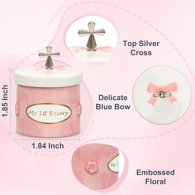 Baptism Gifts for Girl My First Pink Rosary Keepsake Box – Catholic Pink Rosary Box for Kids, Christening Baptism Decor for Kids, First Communion Keepsake Set from Godmother, Baby Girl Dedication Gift
