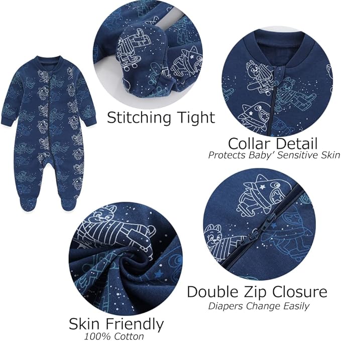 Newborn Baby 2-way Zipper Romper Cotton One-piece Jumsuit 3-pack, 0-24 Months