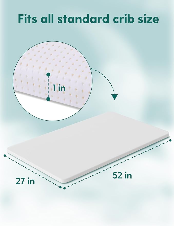 BABELIO Crib Mattress Topper, 100% Machine Washable Breathable Silicone Foam Toddler Mattress Topper Pad, Zipper Cover, 52" x 27" x 1", Fits Standard Size Cribs & Toddler Beds