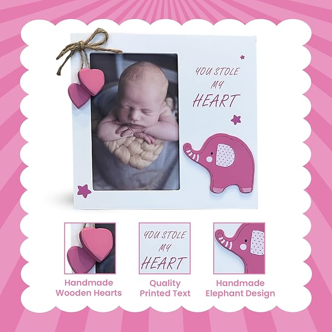 Baby Girl You Stole My Heart Wooden Newborn Picture Frame | Perfect for Baby Shower, Pregnancy Gift, Mom & Grandma Gifts | Fits 4 x 6 Pic (Pink)