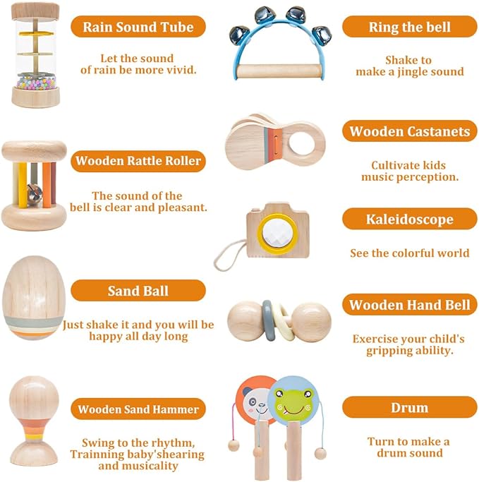 10 PCS Wooden Baby Toys Set-Organic Infant Rattles Newborns 0-6 Month & Montessori-Inspired Musical Instruments for 0-12 Month - Natural Toddler Developmental Toys