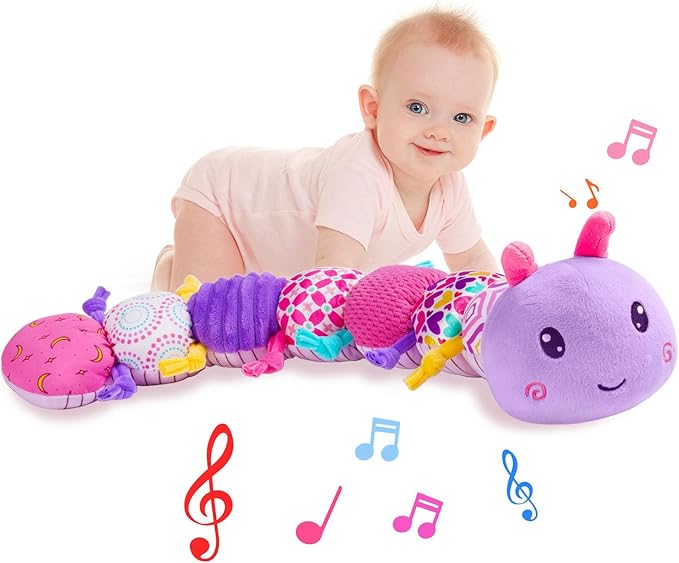 Baby Infant Musical Stuffed Animal Soft Toy with Multi-Sensory Crinkle, Rattle & Textures,Baby Girl Toy Birthday Gift for 0 3 6 9 12 Months+,Caterpillar,Purple