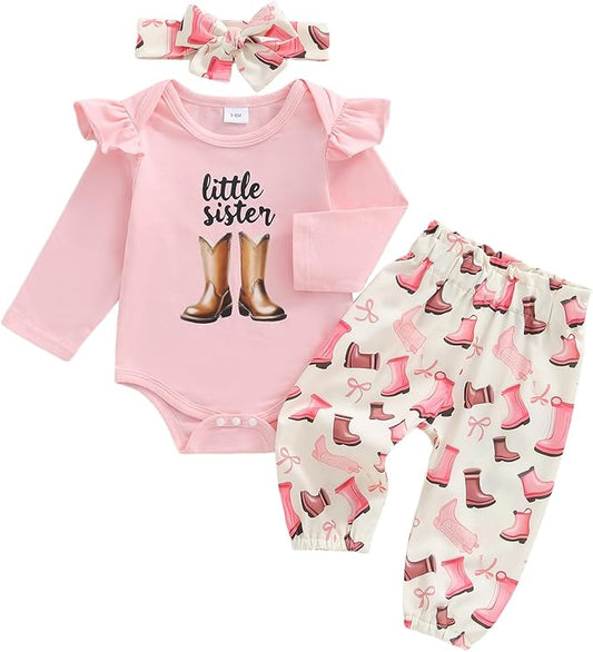 Fernvia Western Newborn Baby Girl Clothes Long Sleeve Letter Print Romper Animal Print Pants Headband 3Pcs Outfits Sets