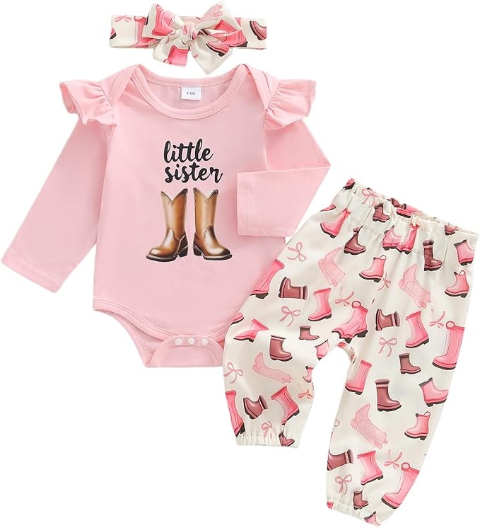 Fernvia Western Newborn Baby Girl Clothes Long Sleeve Letter Print Romper Animal Print Pants Headband 3Pcs Outfits Sets