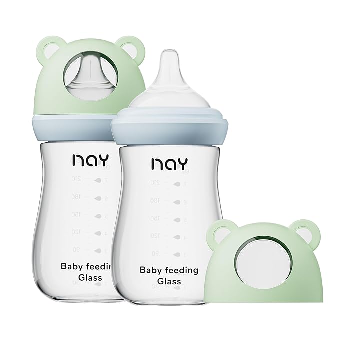 Natural Glass Baby Bottle for Breastfeeding Babies, 8oz Anti-Colic Baby Bottle with Natural Response Nipple(M), Clear, Wide Neck, 2 Pack, 3 Months+