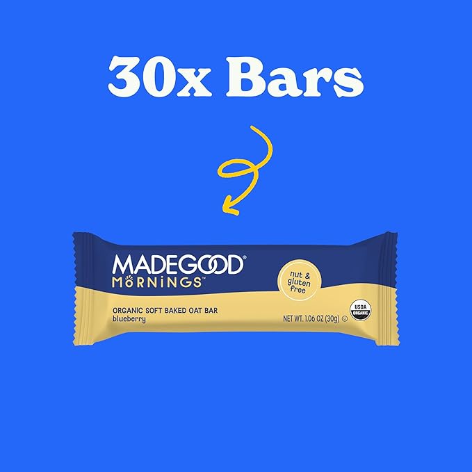 MadeGood Mornings Soft Baked Breakfast Bars, Blueberry, 1.06 Oz (30 Count) Gluten Free Snacks