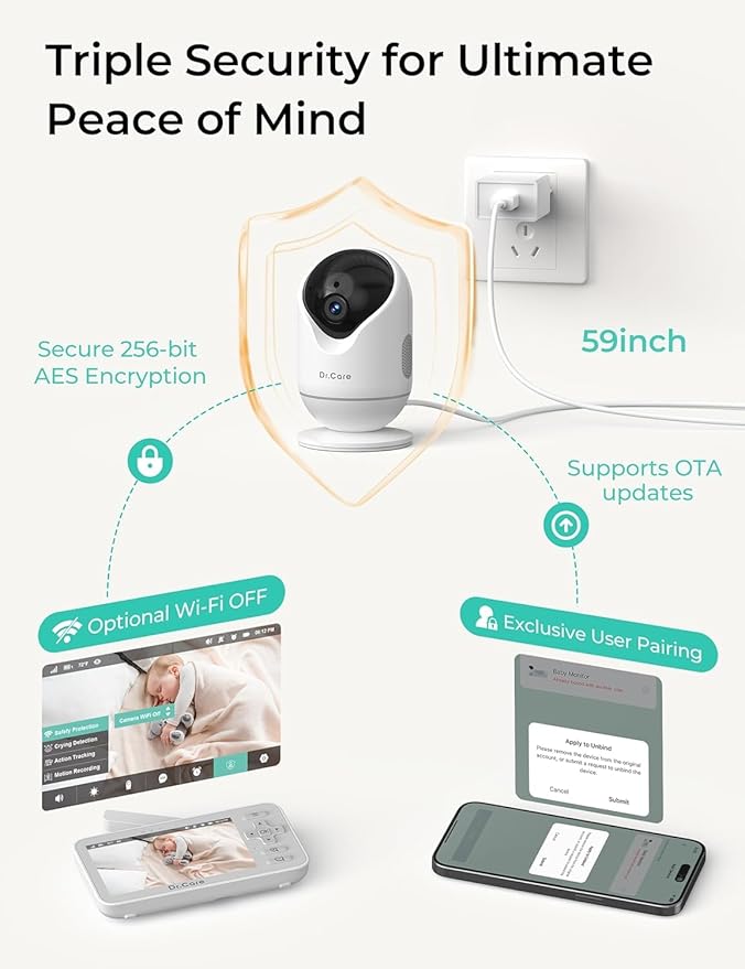 Dr.Care VistaView Lite Smart WiFi Baby Monitor with 2 Cameras- 4” 720P Split Screen & 1080P Camera App Control, Motion Alerts, Night Vision, 3000mAh Battery, 2-Way Talk, Triple Security, 1000ft Range