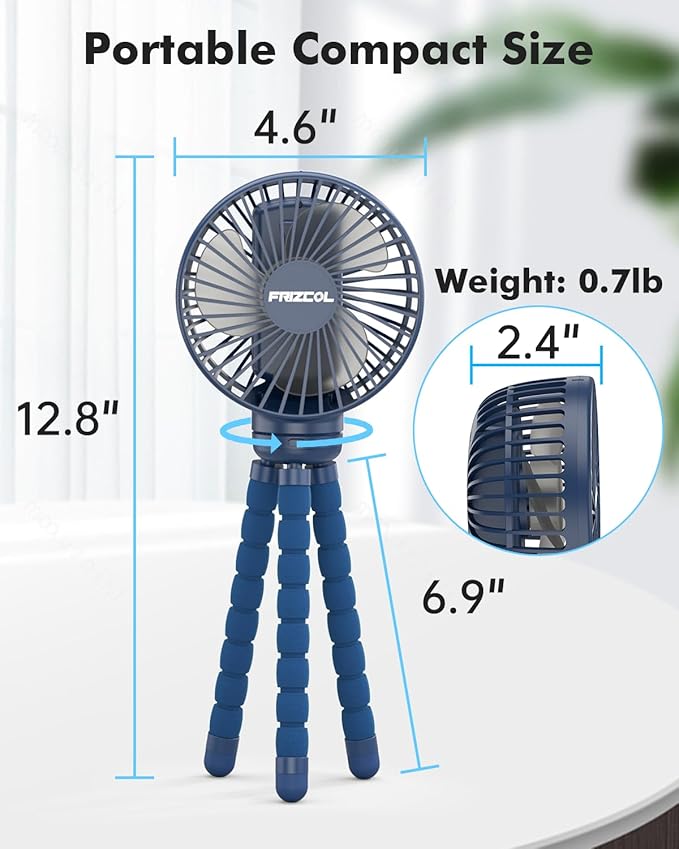 FRIZCOL Stroller Fan for Baby - Portable Fans Rechargeable - Battery Operated Fan(Use for 24Hrs) - Fan for Handheld/Clip On/Car Seat/Desk/Camping (Dark Blue)