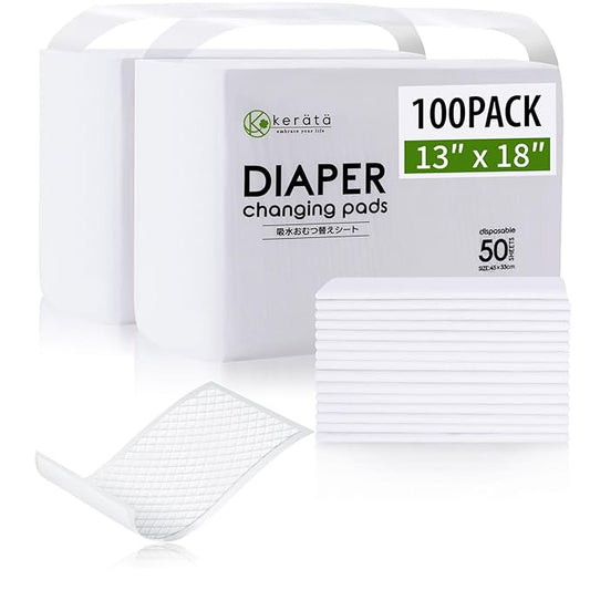 Disposable Changing Pads for Baby, 100 Pack Disposable Changing Pad Liners, Waterproof Disposable Underpads, Ultra Absorbent Super Soft Breathable Diaper Changing Mat 13 x 18 in