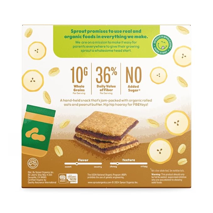 Sprout Organics, PB & Yayz Toddler Snack Bars, Peanut Butter & Banana, 5 Individual Bars 1.02 oz Each (6-boxes)