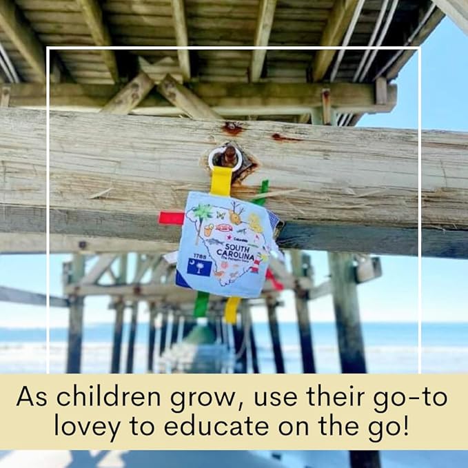 Baby Jack & Co 8x8” Learning Lovey South Carolina State Tag Stroller Toy for Babies - Crinkle Toys for Developing Five Senses - Learn About Capitals - Travel with Baby Jack - BPA Free Clip