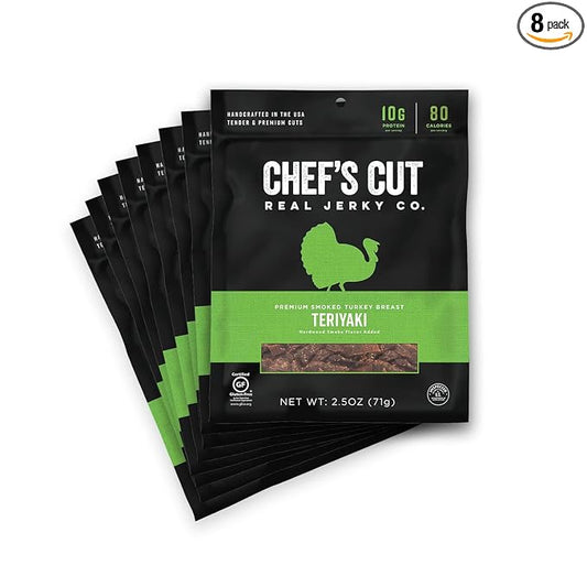 Chef's Cut Turkey Jerky, Teriyaki, High Protein Meat Snack, 10g of Protein and 80 Calories, Gluten Free, Premium Smoked Turkey Breast - 2.5 Ounce (Pack of 8)