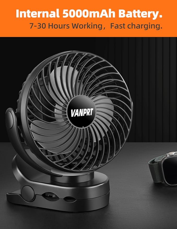 6'' Clip Fan, Portable Clamp Fans with Hanging Hook, 5000mAh Rechargeable Battery Fan, 3 Speeds, 720° Rotation, Quiet, Strong Grip Clamp, 7-30 Working Hours for Camp Stroller Bed - Black