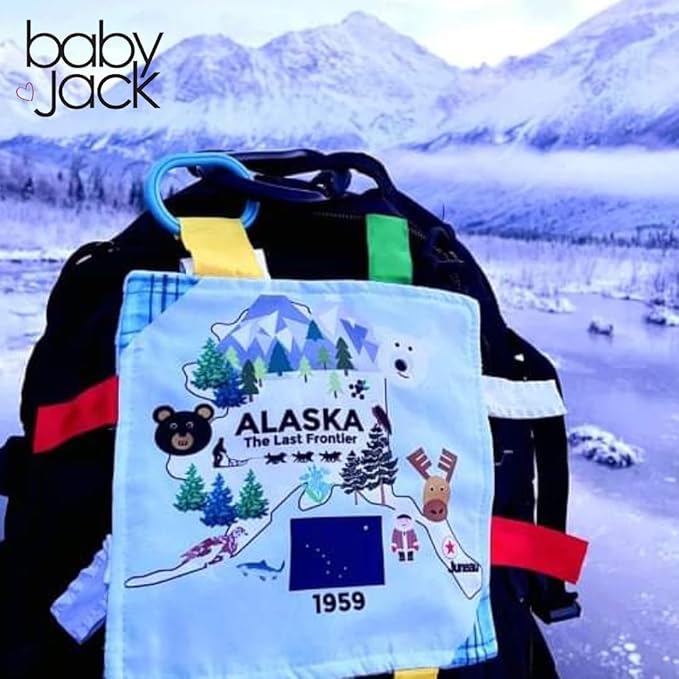 Baby Jack & Co 8x8” Learning Lovey Alaska State Tag Stroller Toy for Babies - Crinkle Toys for Developing Five Senses - Learn About Capitals - Travel with Baby Jack - BPA Free Clip