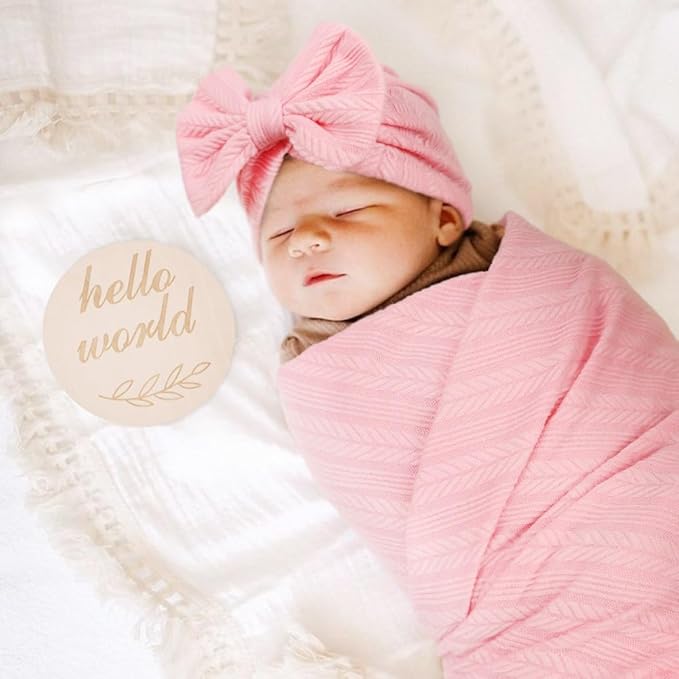 Newborn Receiving Blanket with Bow Hat Headband Wooden Card Set Wheat-Pattern Newborns Toddler Baby Boy Girl Nursery Swaddle Wrap