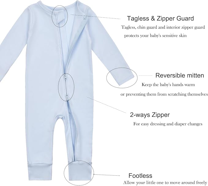Aablexema Baby Cotton Fooltess Pajamas with Mitten, 3-pack Infant Romper Zip Up One Piece Jumpsuits Outfit