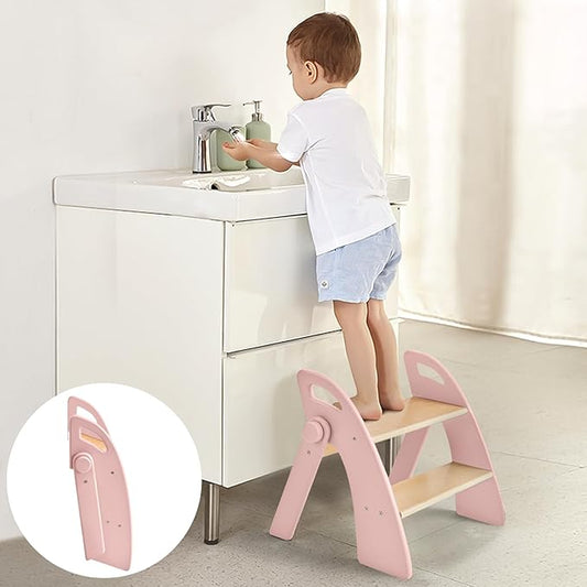 Wooden 2 Step Stool for Kids Bathroom Sink Foldable Anti-Slip 2-Step for Toilet Potty Training, Child Stepping Stool for Kitchen Nursery Bedroom, Sturdy Non Slip Adult Stool for Closet Pink