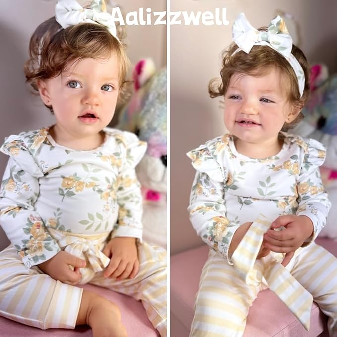 Aalizzwell Preemie Newborn Infant Baby Girls Clothes Ribbed Romper Bodysuit Pants Set Fall Winter Outfits