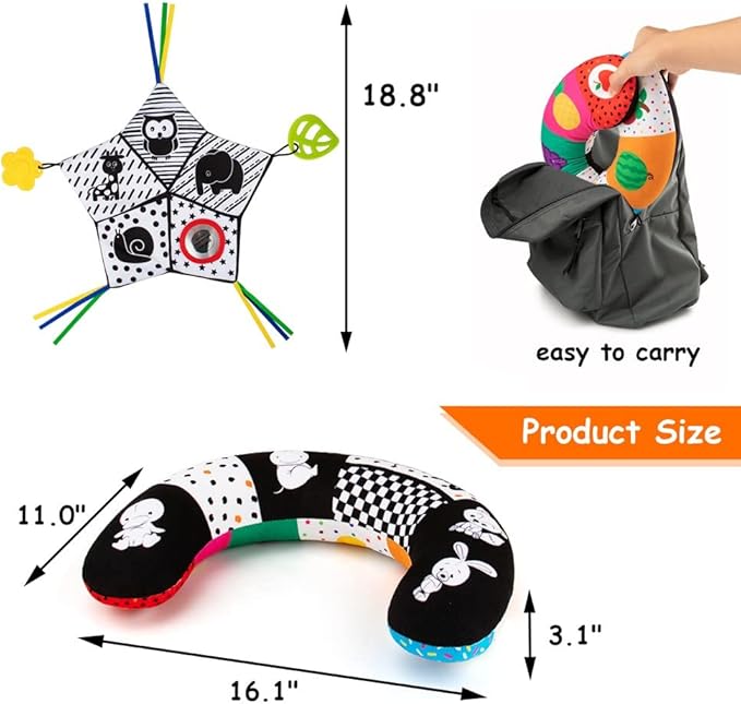 teytoy Tummy Time Pillow with Crinkle Mat & Teethers, Black and White High Contrast Baby Toys with Mirror, Montessori Sensory Crawling Toy for Infant Newborn Toddler Tummy Time Toys 0-6 Months Babies