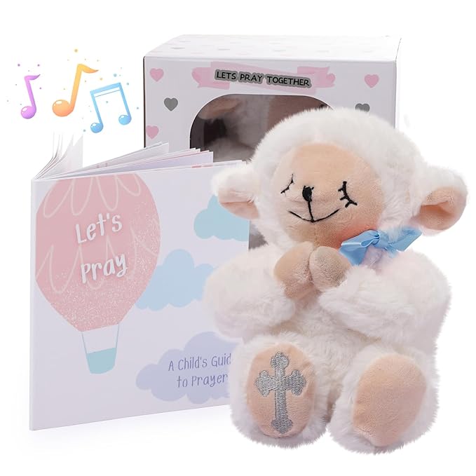 Baptism Gifts for Boys, Christening Dedication Gifts for Boys, Baby Praying Musical Lamb and Prayer Book Gift Set in Keepsake Box - Praying Stuffed Animal