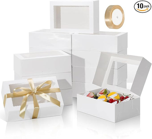 COTOPHER 10Pcs Cookie Boxes with Ribbons, 9x6x3 Inch Bakery Boxes with Window, White Treat Containers for Pastries, Chocolate Covered Strawberries, Dessert, Easter Candy, Muffins, Donuts