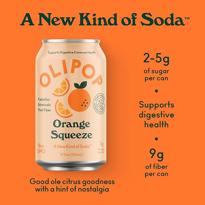 OLIPOP Prebiotic Soda Pop, Orange Squeeze, A New Kind of Soda Packed with Prebiotics, Fiber, and Botanicals, Gluten Free, Vegan, GMO Free, 12oz (12-Cans)
