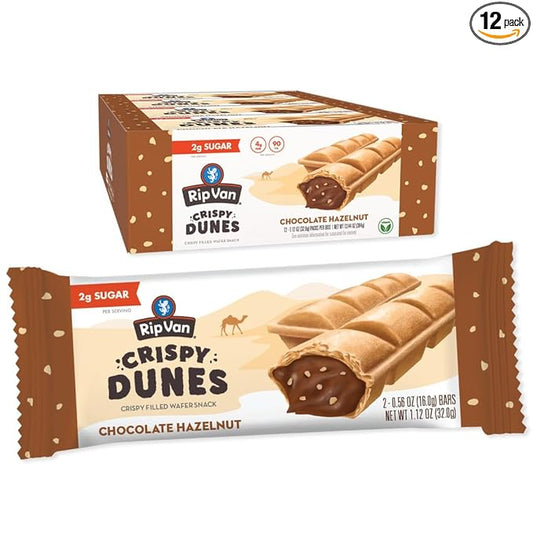 Crispy Dunes Vegan Chocolate Hazelnut Wafer Sticks – Low-Calorie Keto Snack with Hazelnut Cream Filling, 90 Calories, Non-GMO, Prebiotic Fiber - 12 Pack