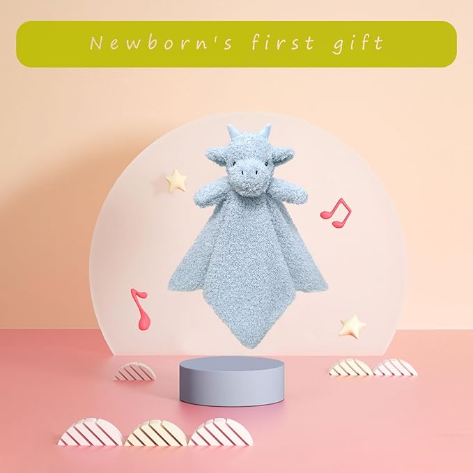 Baby Blue Dragon Soft Stuffed Animal Security Blanket, Plush Dinosaur Character Lovey Blanket, Baby Shower/Nursery Gift, Newborn Infant Toddler Snuggle Blankie for Boys Girls, 14 Inches
